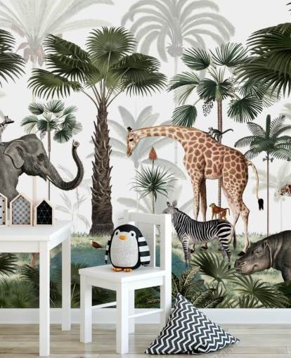 elephant, giraffe and other animals in jungle wallpaper elephant, giraffe and other animals in jungle wallpaper