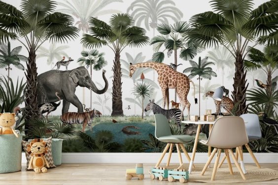 elefant, giraff och andra djur i djungel tapet