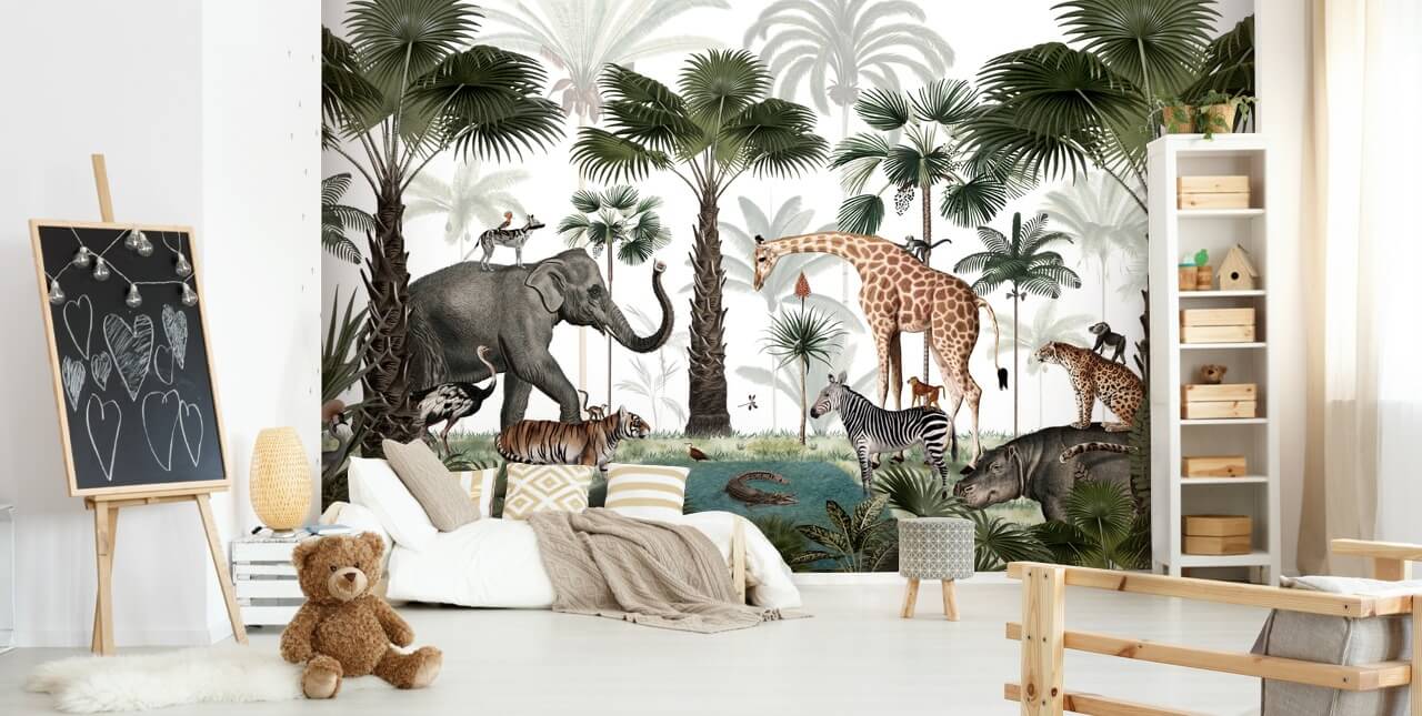 elephant, giraffe and other animals in jungle wallpaper