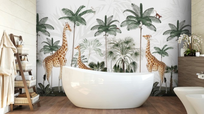 trio of giraffes in vintage jungle wallpaper 
