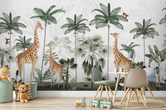 trio of giraffes in vintage jungle wallpaper