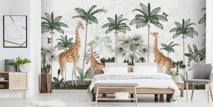 trio of giraffes in vintage jungle wallpaper