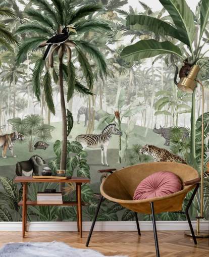 papel de parede de selva de estilo vintage com animais papel de parede de selva de estilo vintage com animais