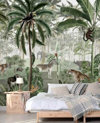 papel de parede de selva de estilo vintage com animais papel de parede de selva de estilo vintage com animais