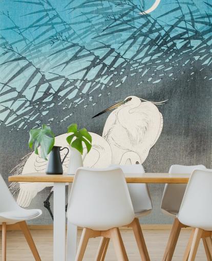 papier peint art oriental bleu avec des aigrettes papier peint art oriental bleu avec des aigrettes