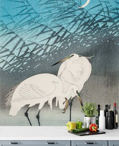 blauwe oosterse kunst met zilverreigers behang blauwe oosterse kunst met zilverreigers behang