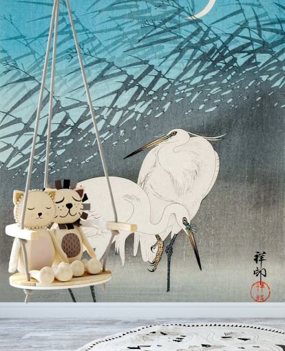 papier peint art oriental bleu avec des aigrettes papier peint art oriental bleu avec des aigrettes