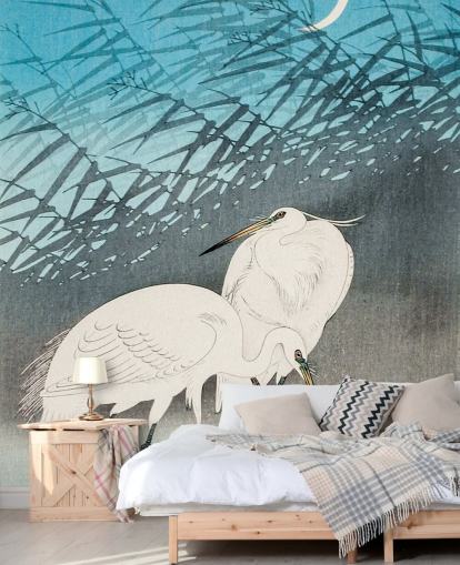 blue oriental art with egrets wallpaper blue oriental art with egrets wallpaper