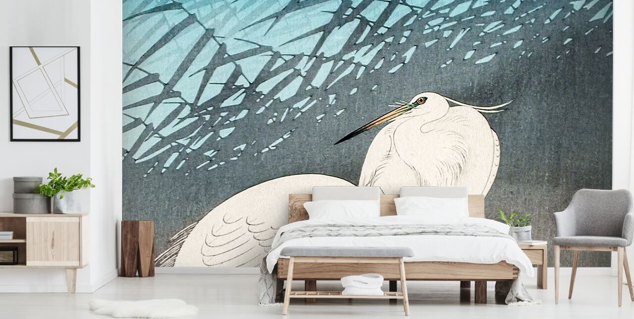 blue oriental art with egrets wallpaper