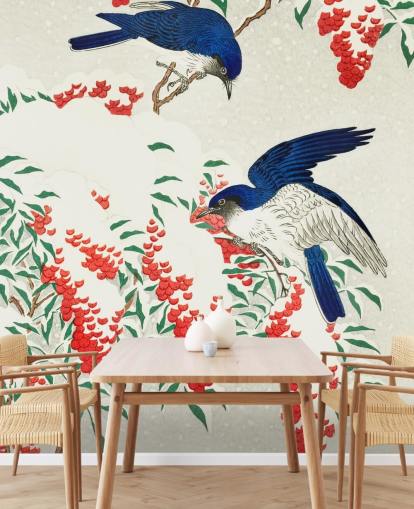 papel de parede pássaro oriental azul, branco e vermelho papel de parede pássaro oriental azul, branco e vermelho