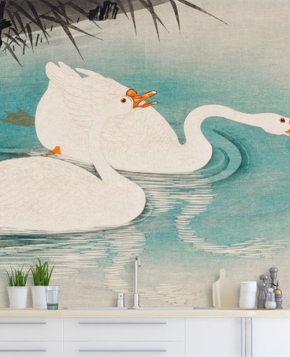 weiße Gänse und türkisfarbenes Wasser Tapete weiße Gänse und türkisfarbenes Wasser Tapete
