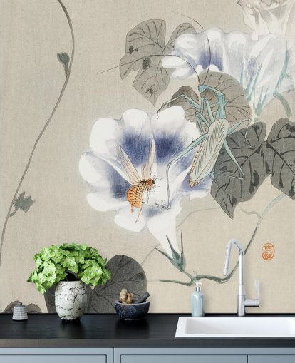 pintura oriental azul y blanca y papel pintado de insectos pintura oriental azul y blanca y papel pintado de insectos