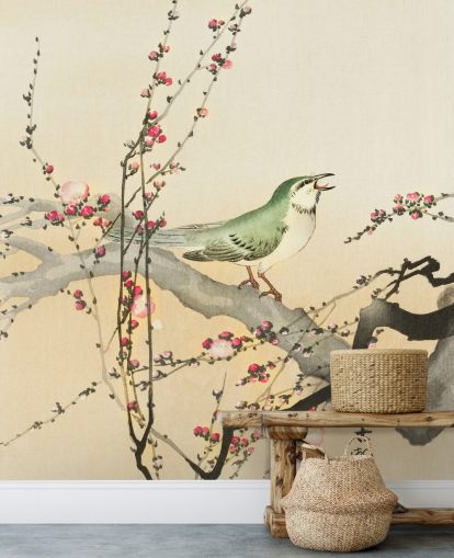 Singvogel auf Blütenzweig Tapete Singvogel auf Blütenzweig Tapete