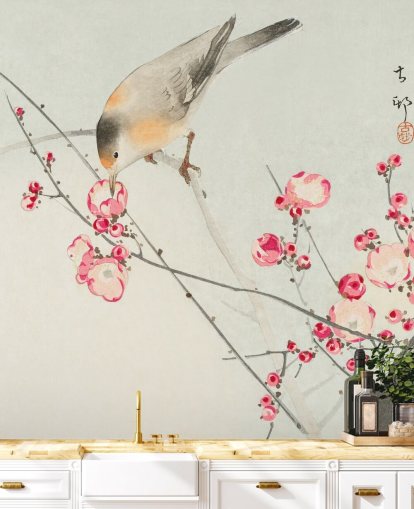 pintura oriental de pájaro en papel tapiz de flor de cerezo pintura oriental de pájaro en papel tapiz de flor de cerezo