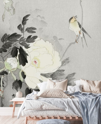 grey peony and bird wallpaper grey peony and bird wallpaper
