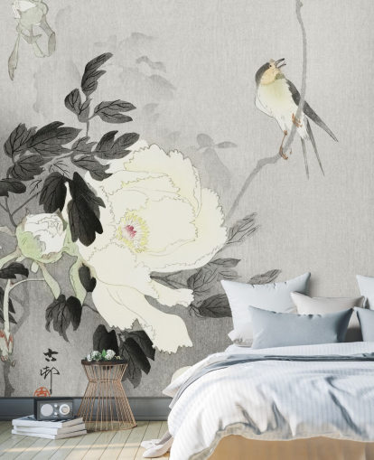 grey peony and bird wallpaper grey peony and bird wallpaper