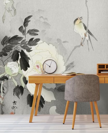 papel pintado gris peonía y pájaro papel pintado gris peonía y pájaro