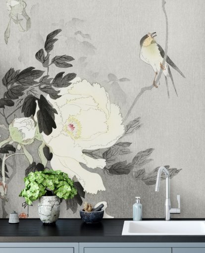 grey peony and bird wallpaper grey peony and bird wallpaper