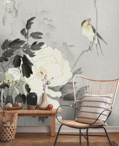 grijze pioen en vogelbehang grijze pioen en vogelbehang