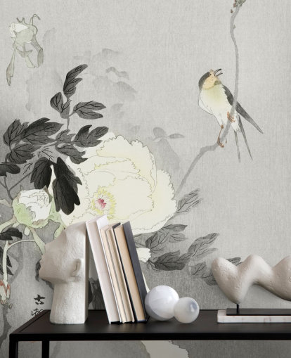 grey peony and bird wallpaper grey peony and bird wallpaper