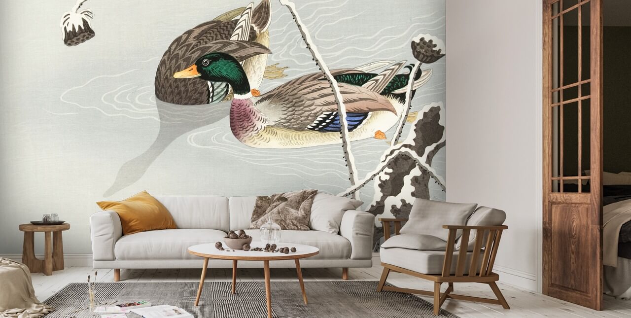 Two Mallards Near a Snow Covered Lotus Mural | Wallsauce CA