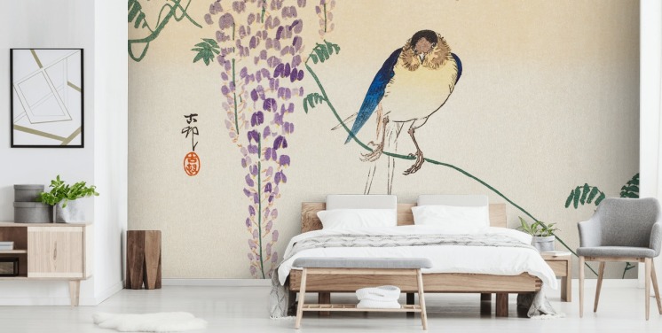 bird and wisteria oriental wallpaper