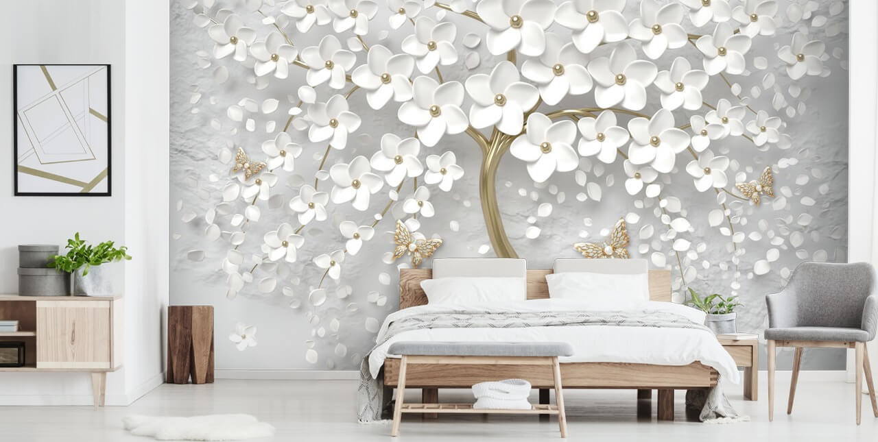 behang met witte en gouden bloesem