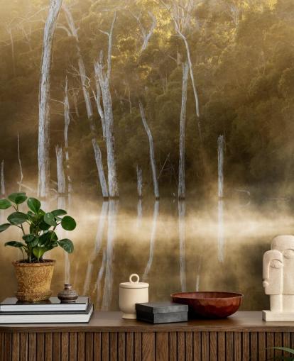 Misty Lake och träd Bakgrund Misty Lake och träd Bakgrund