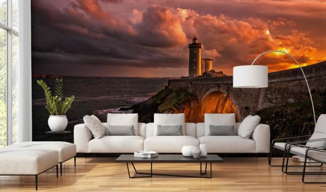 Decorazione murale con faro costiero al tramonto