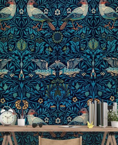 birds and blue leaves vintage wallpaper birds and blue leaves vintage wallpaper