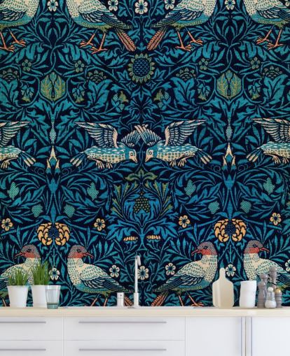 papel de parede vintage de pássaros e folhas azuis papel de parede vintage de pássaros e folhas azuis