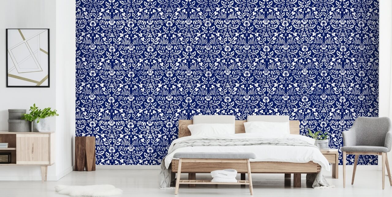 blauw en wit vintage patroon behang