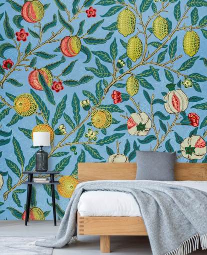 fondo azul brillante con papel tapiz de melocotones, limones y granadas fondo azul brillante con papel tapiz de melocotones, limones y granadas