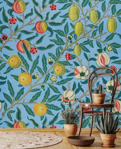 fundo azul brilhante com pêssegos, limões e romãs papel de parede fundo azul brilhante com pêssegos, limões e romãs papel de parede