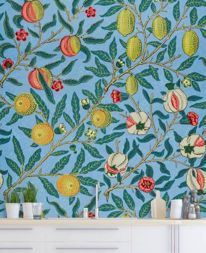 fond bleu vif avec des pêches, des citrons et des grenades papier peint fond bleu vif avec des pêches, des citrons et des grenades papier peint