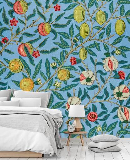 bright blue background with peaches, lemons and pomegranates wallpaper bright blue background with peaches, lemons and pomegranates wallpaper