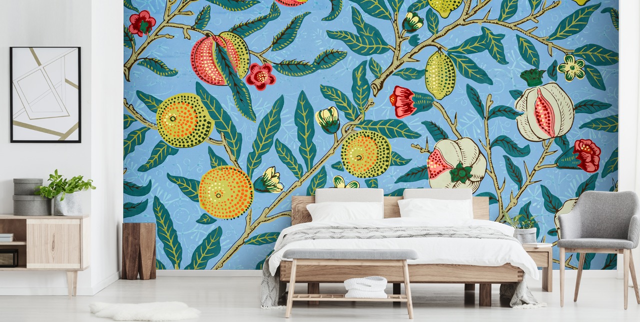 lys blå bakgrunn med fersken, sitroner og granatepler tapet lys blå bakgrunn med fersken, sitroner og granatepler tapet