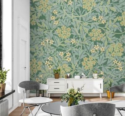blad och blommor grön tapet