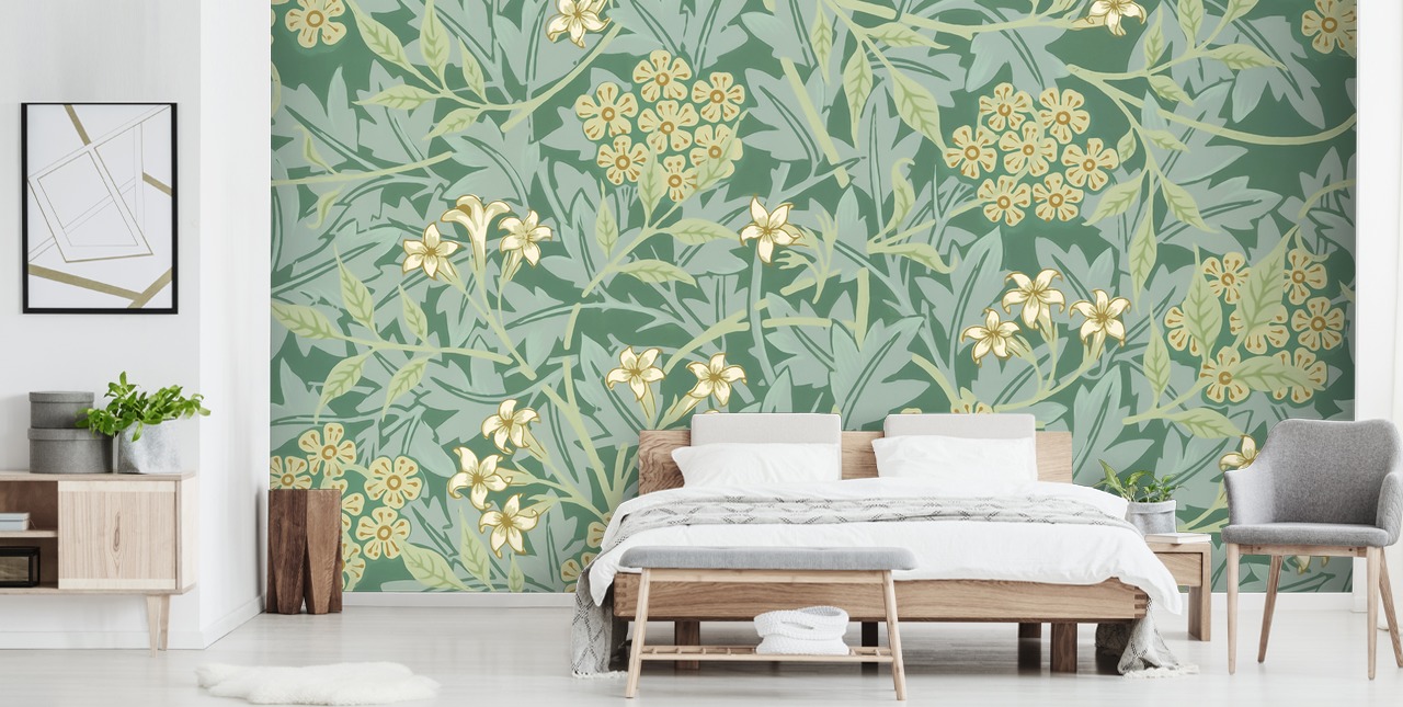 papel tapiz verde hojas y flores
