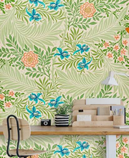 papel de parede de folhas verdes e flores rosa e azuis papel de parede de folhas verdes e flores rosa e azuis