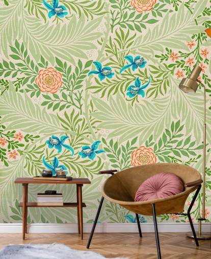 papel de parede de folhas verdes e flores rosa e azuis papel de parede de folhas verdes e flores rosa e azuis