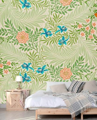 papel pintado de hojas verdes y flores rosas y azules papel pintado de hojas verdes y flores rosas y azules