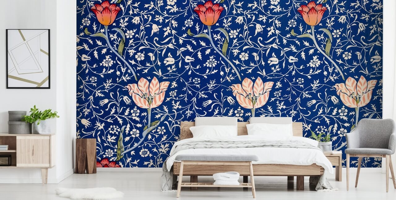 navy blue wallpaper with pink and red flowers