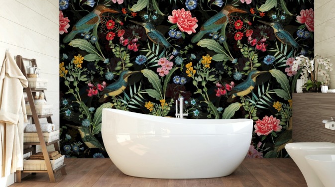 dark floral and bird wallpaper