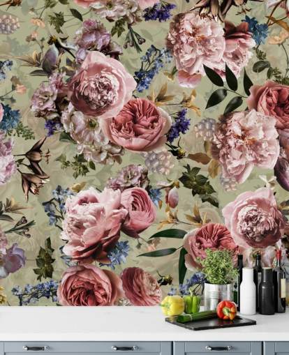 Salbeigrün und Rosa Vintage-Blumentapete Salbeigrün und Rosa Vintage-Blumentapete