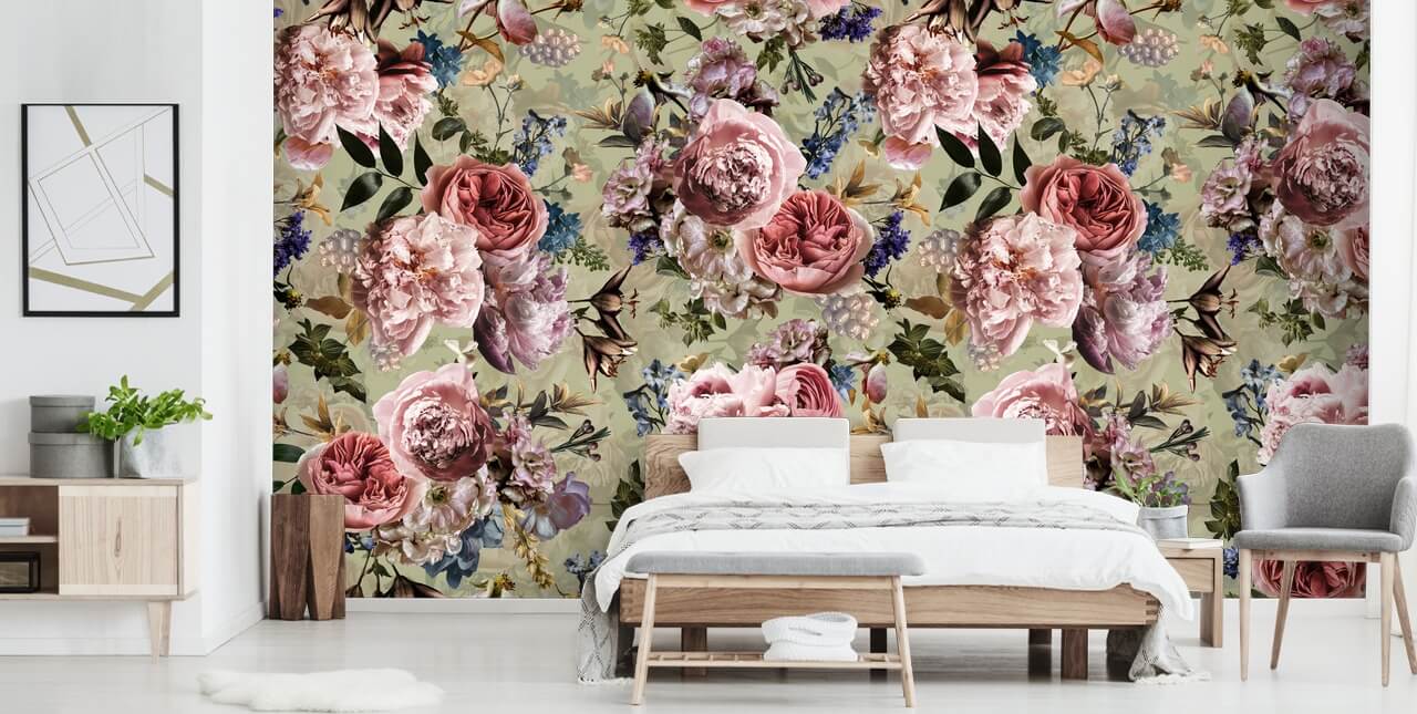 Vintage Green Pink Flower Wallpaper