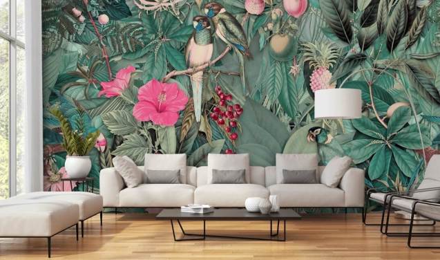 papegaaien in roze en groen jungle behang