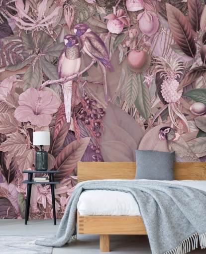 carta da parati rosa uccelli e foglie carta da parati rosa uccelli e foglie