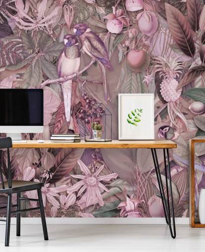 papel de parede rosa pássaros e folhas papel de parede rosa pássaros e folhas