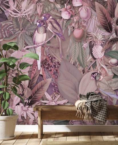 papel de parede rosa pássaros e folhas papel de parede rosa pássaros e folhas